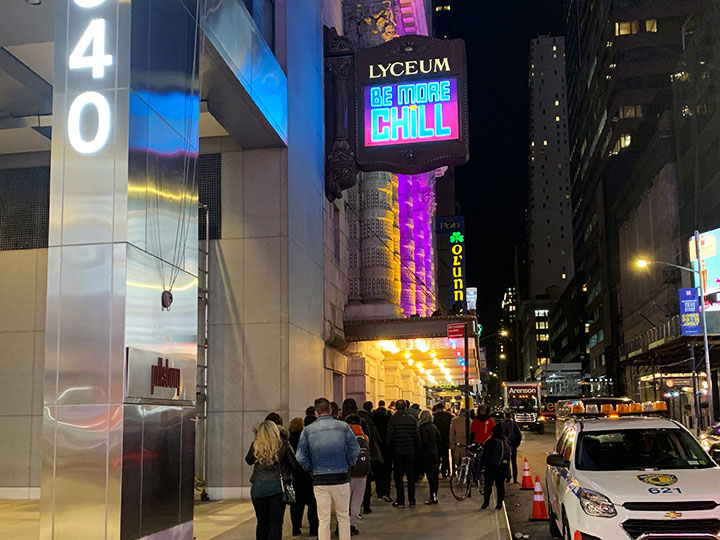 The Lyceum Theatre glowing on West 45th Street