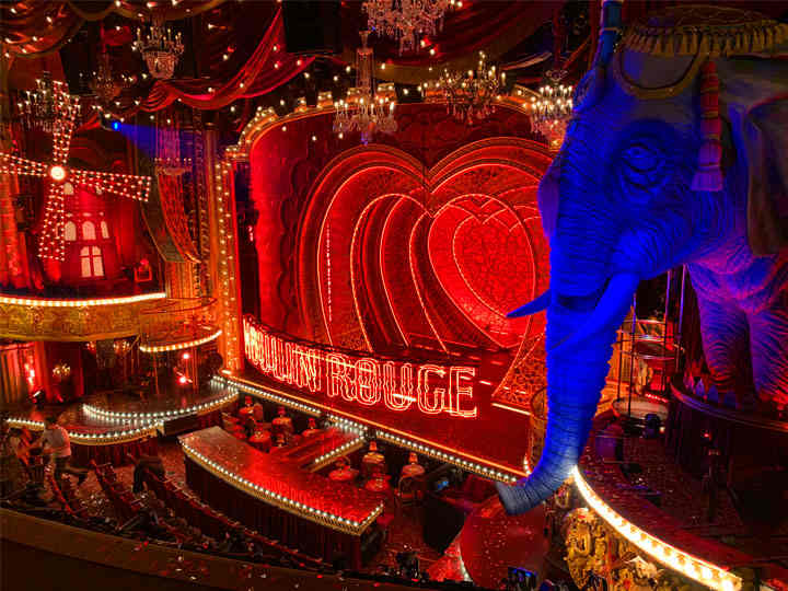 Satine’s blue Elephant Room on the right and the red windmill on the left