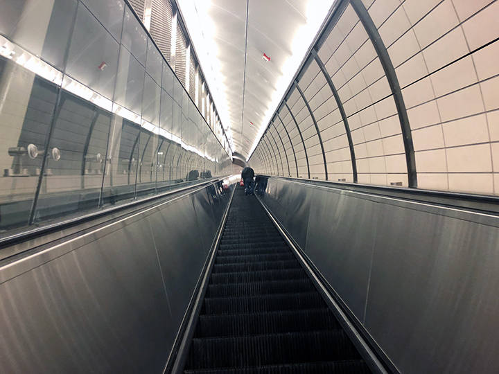 Escalators that climb a 38 meter depth