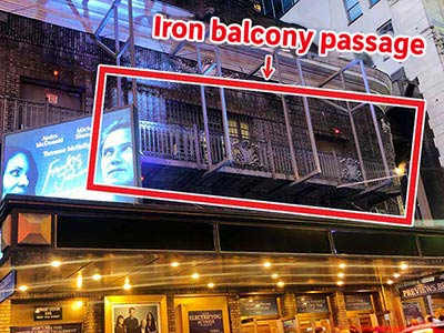 Decorative iron balcony at the Broadhurst Theatre, never used by the public
