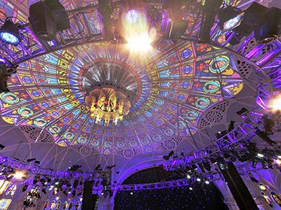 A ceiling adapted for television, where Stephen Colbert’s Late Show visuals are projected during tapings