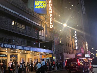 Gerald Schoenfeld Theatre, Bernard B. Jacobs Theatre, and John Golden Theatre in a row