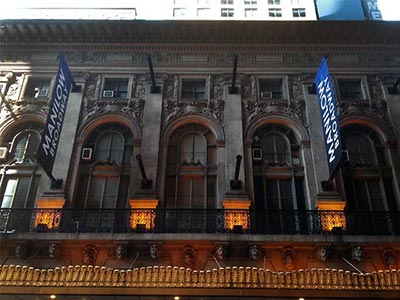 The Beaux-Arts style facade of the Lunt-Fontanne Theatre