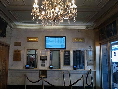 Inside the Majestic Theatre ticket lobby. The doors feature the Shubert Organization’s emblem.