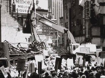 Demolition for the construction of the Marriott Marquis Hotel in 1982