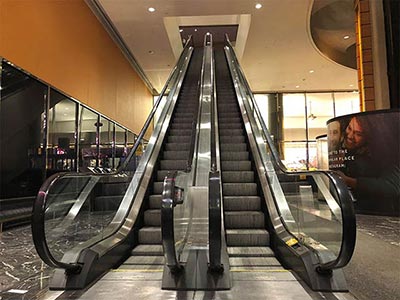 An escalator inside the Marquis Theatre, rare for Broadway venues