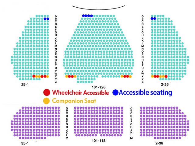 Seating chart: red for wheelchair seating, yellow for companion seating, blue for accessible seating