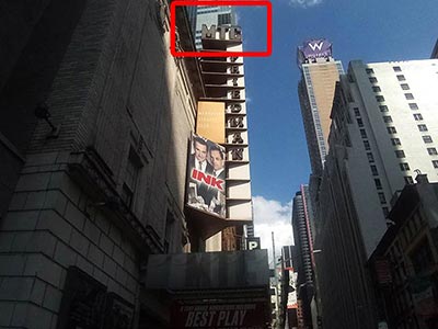 The Samuel J. Friedman Theatre marquee with the initials MTC for Manhattan Theatre Club