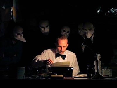Cast of Sleep No More surrounded by masked guests