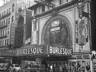 42nd Street Playhouse with a sign advertising 'All Live Burlesk'